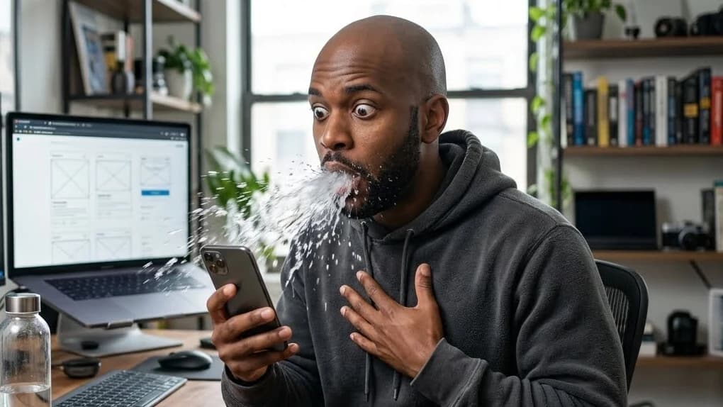 A man at his desk chokes on his drink, doing a double take at what's on his phone.