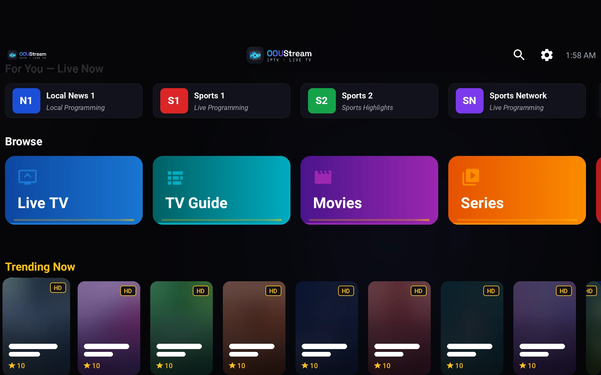 OOUStream TV app home screen